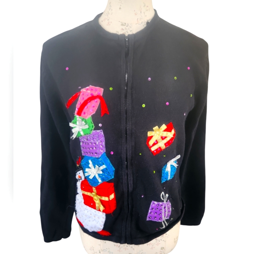 Tiara International Snowman gifts Beaded Christmas Sweater Embroidered Large VTG